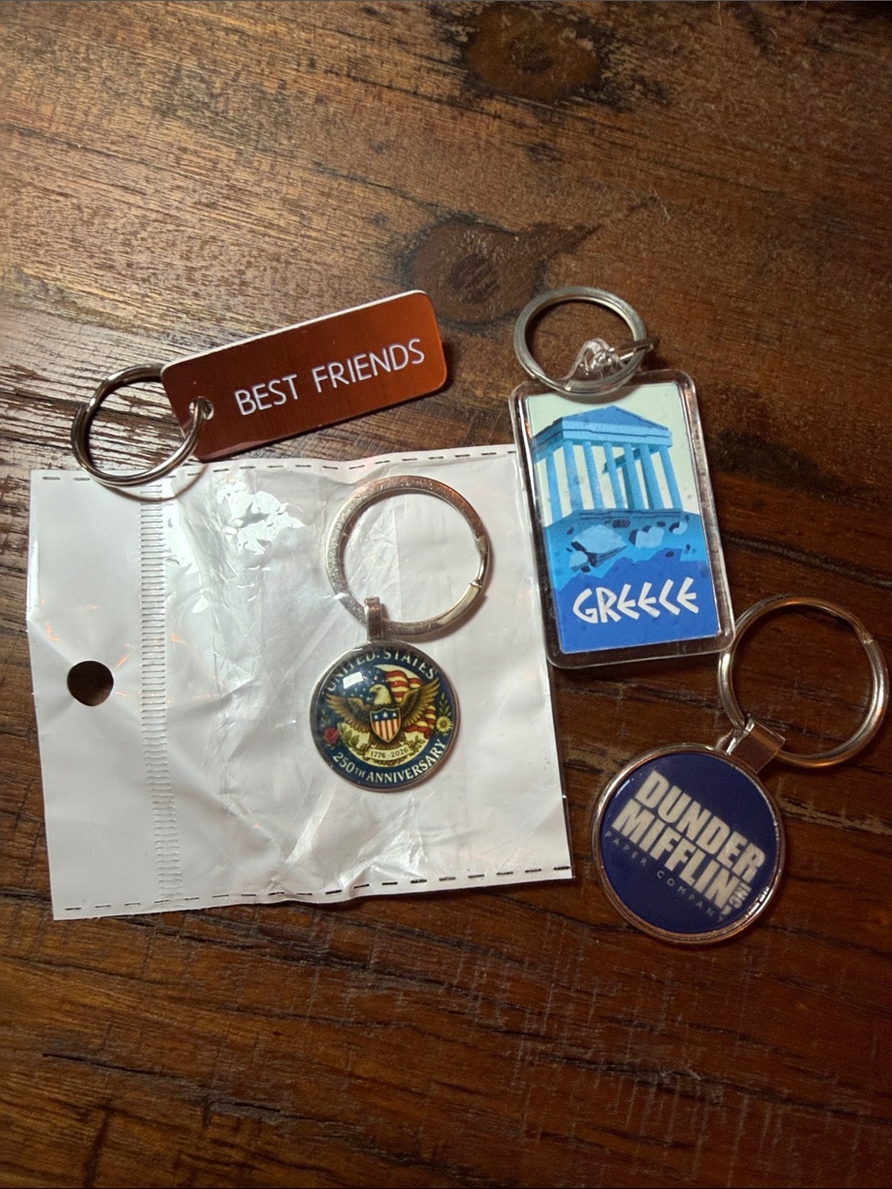 Key chains lot of 4 dunder mifflin, Greece, best friends & USA 250th